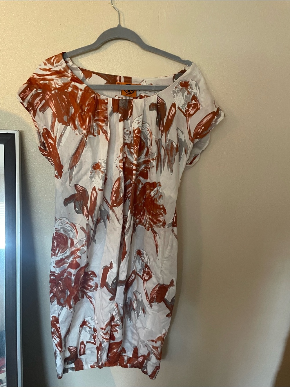 Tory Burch White Floral Shift Dress with Rust Brushstroke Print